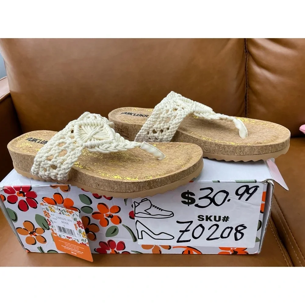 Muk Luks Macrame Thong Sandals Womens 7 Beige New Gold Fleck Cork Slides 1200325